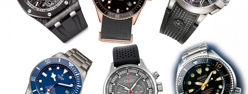 Sports watches pre-selected for the 2015 GPHG. Clockwise from top left: Royal Oak Offshore Selfwinding Tourbillon Chronograph, Blancpain Fifty Fathoms Bathyscaphe, Harry Winston Project Z9, Seiko Prospex Marinemaster Professional Diver's 1000m Hi-Beat 36000, Zenith El Primero Sport, and Tudor Pelagos