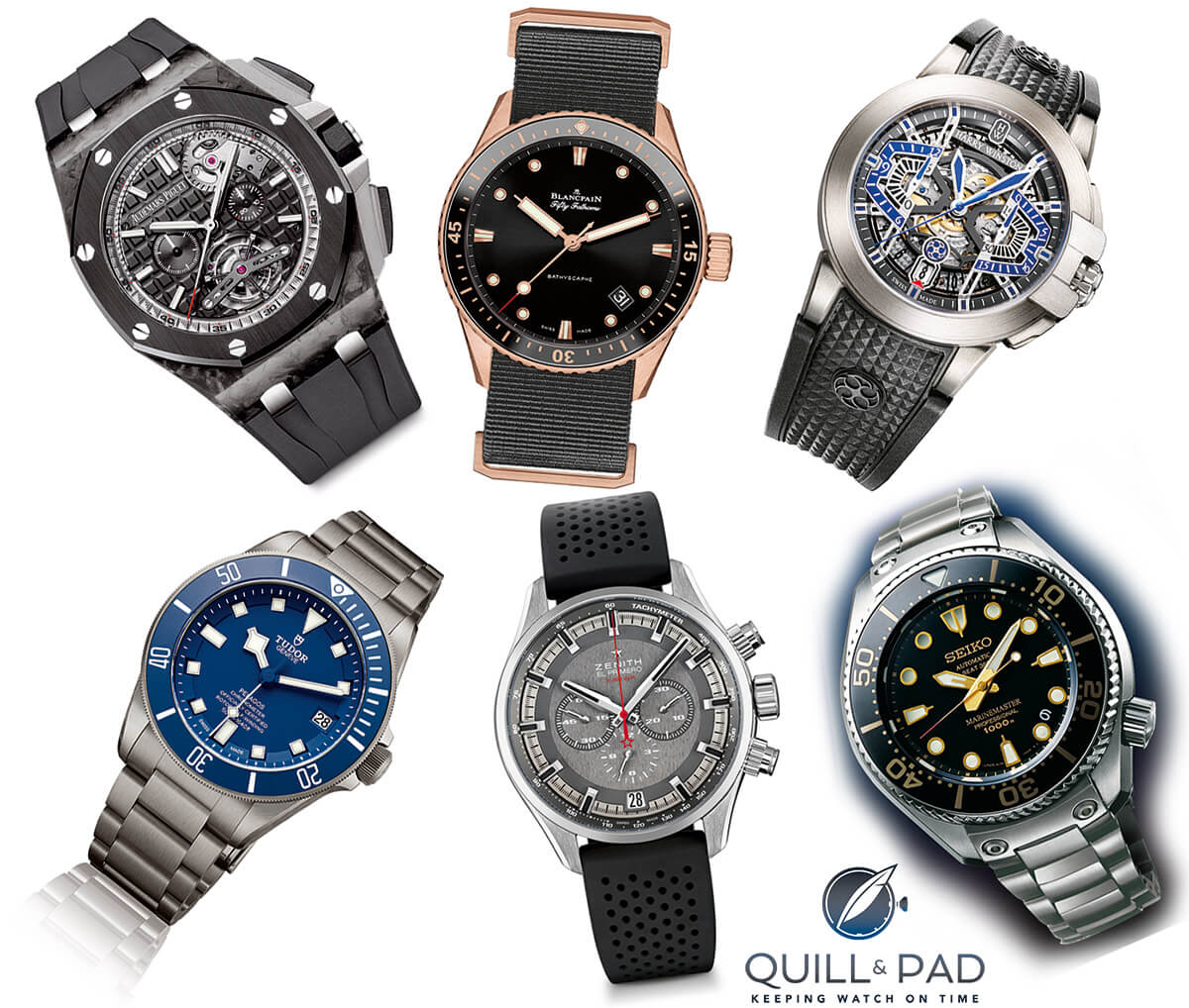 Sports watches pre-selected for the 2015 Grand Prix d'Horlogerie de Genève clockwise from top left: Royal Oak Offshore Selfwinding Tourbillon Chronograph, Blancpain Fifty Fathoms Bathyscaphe, Harry Winston Project Z9, Seiko Prospex Marinemaster Professional Diver's 1000m Hi-Beat 36000, Zenith El Primero Sport, and Tudor Pelagos