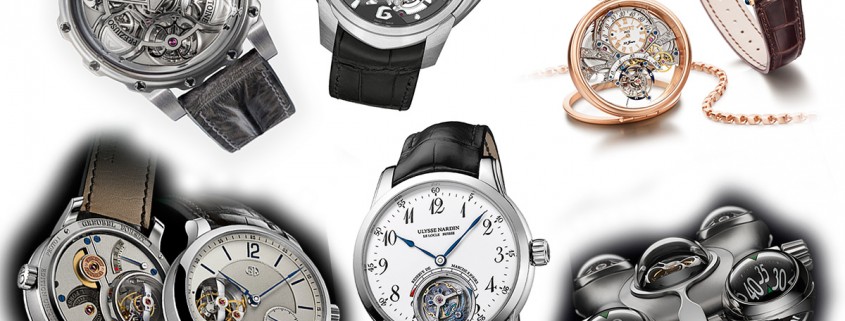 Tourbillon watches pre-selected for the 2015 GPHG. Clockwise from top left: Antoine Preziuso Tourbillon of Tourbillons, Blancpain L-evolution C, Tourbillon Carrousel, Bovet 1822 Braveheart, MB&F Horological Machine N°6, Ulysse Nardin Ulysse Anchor Tourbillon and Greubel Forsey Tourbillon 24 Secondes Vision
