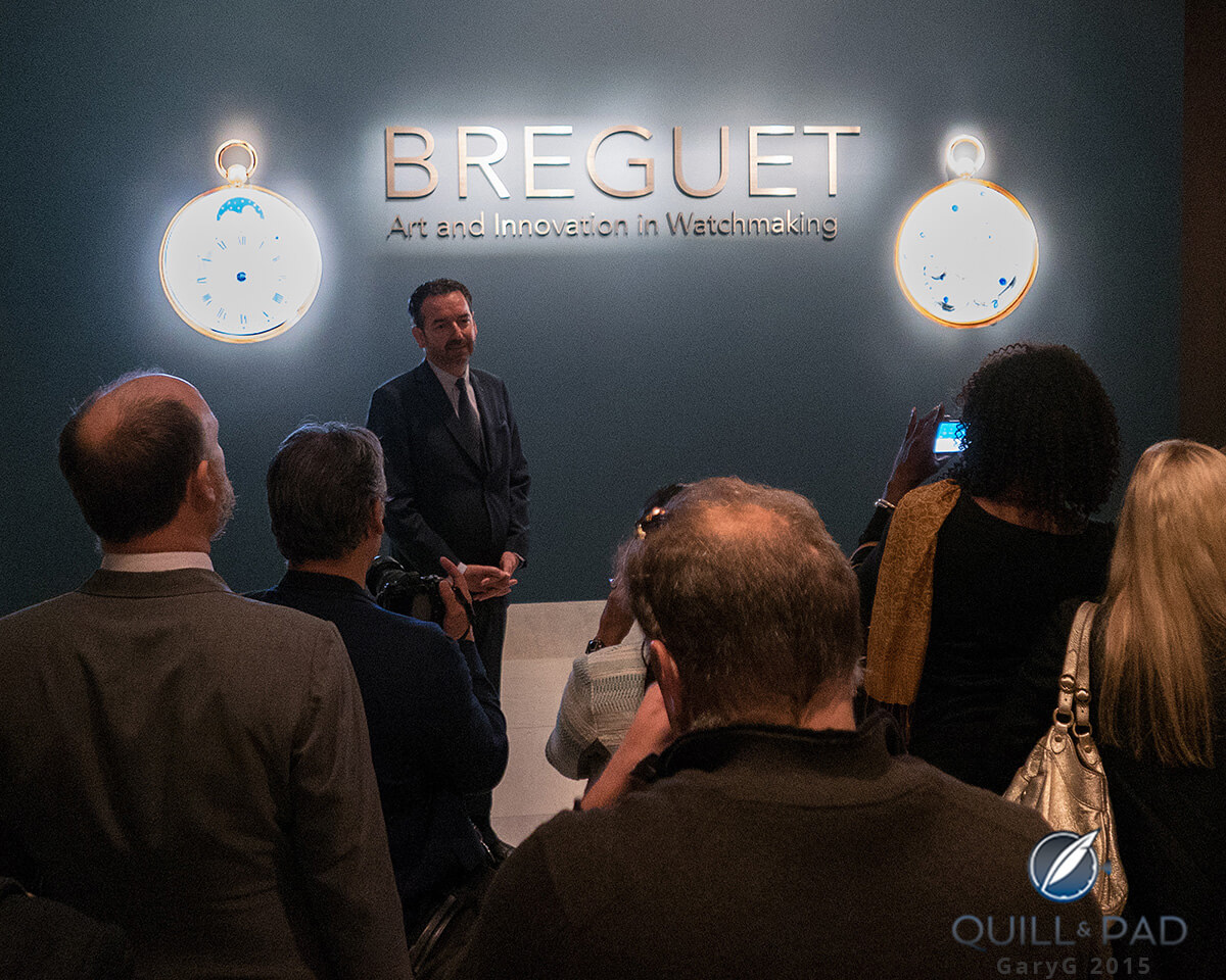 Exhibition co-curator Emmanuel Breguet leads the press tour