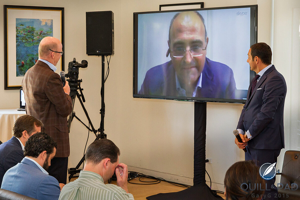 Correspondent at work: posing a question to Marc Hayek (photo Drew Altizer Photography)