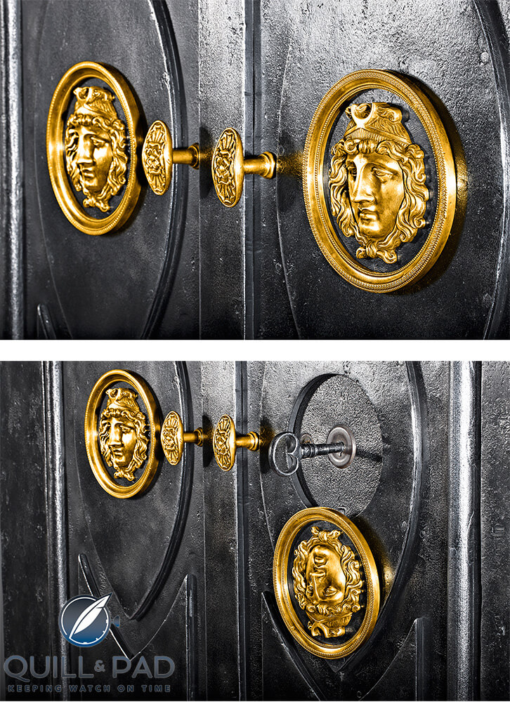 To open the Döttling Morosini safe a medallion is moved to reveal a hidden keyhole