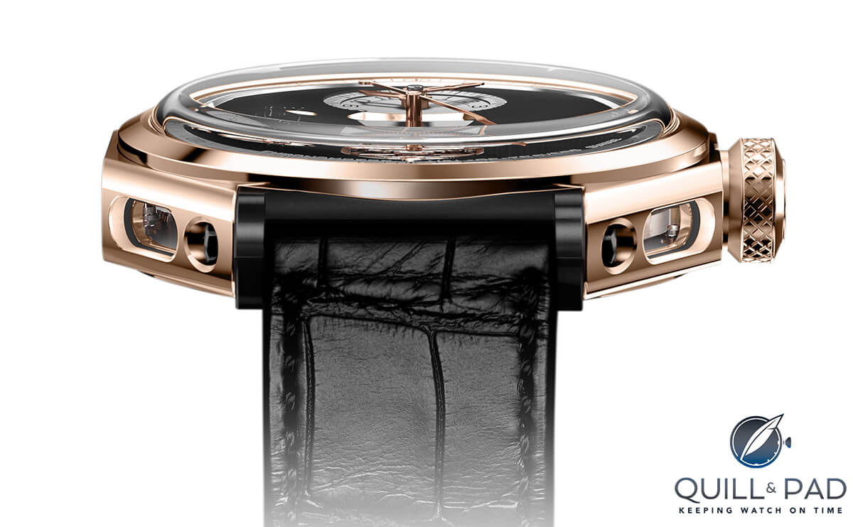 A view of the Ferdinand Berthoud FB 1 revealing the portholes in the caseband that provide visual access to the movement within