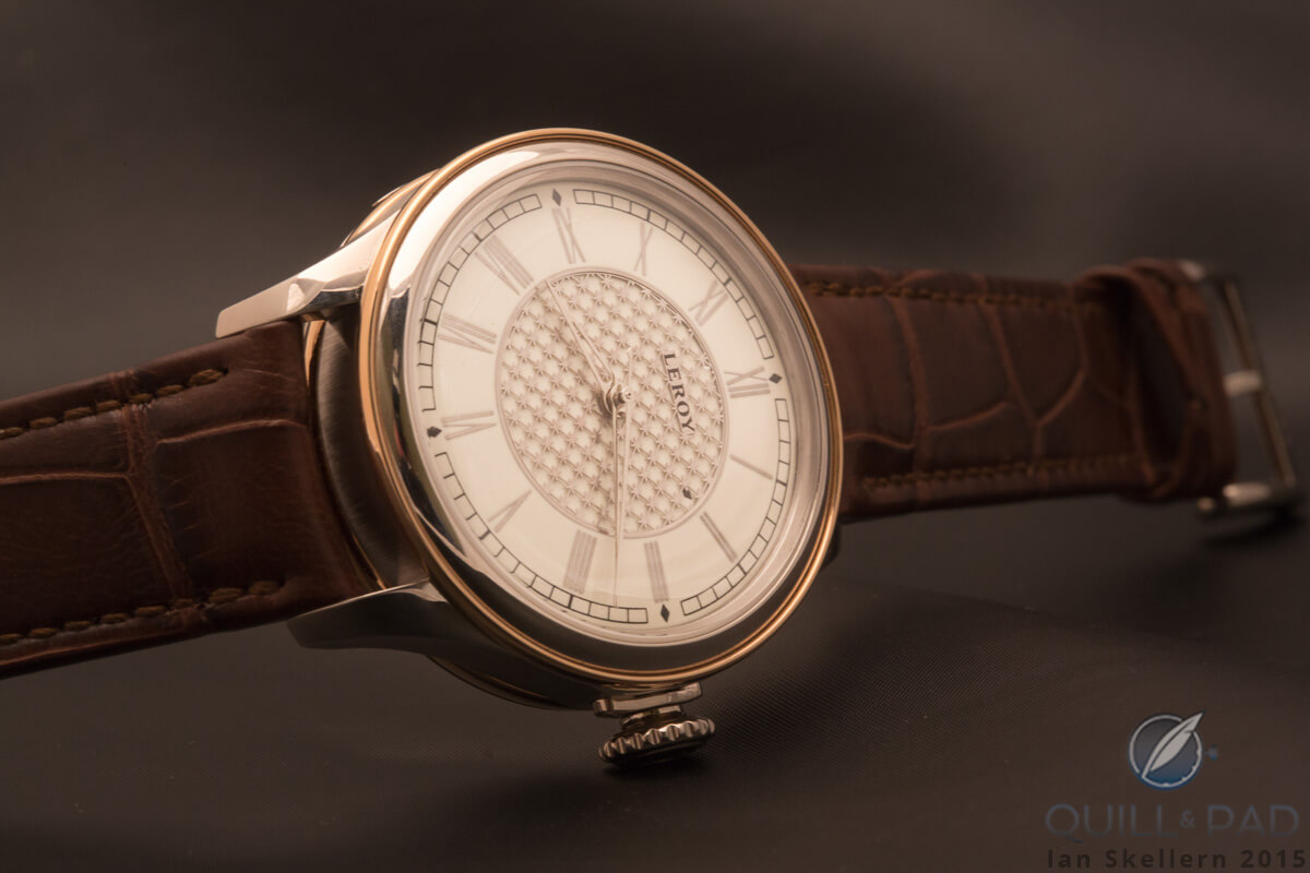 The superficially unassuming dial of a Leroy Chronomètre à Tourbillon in red gold