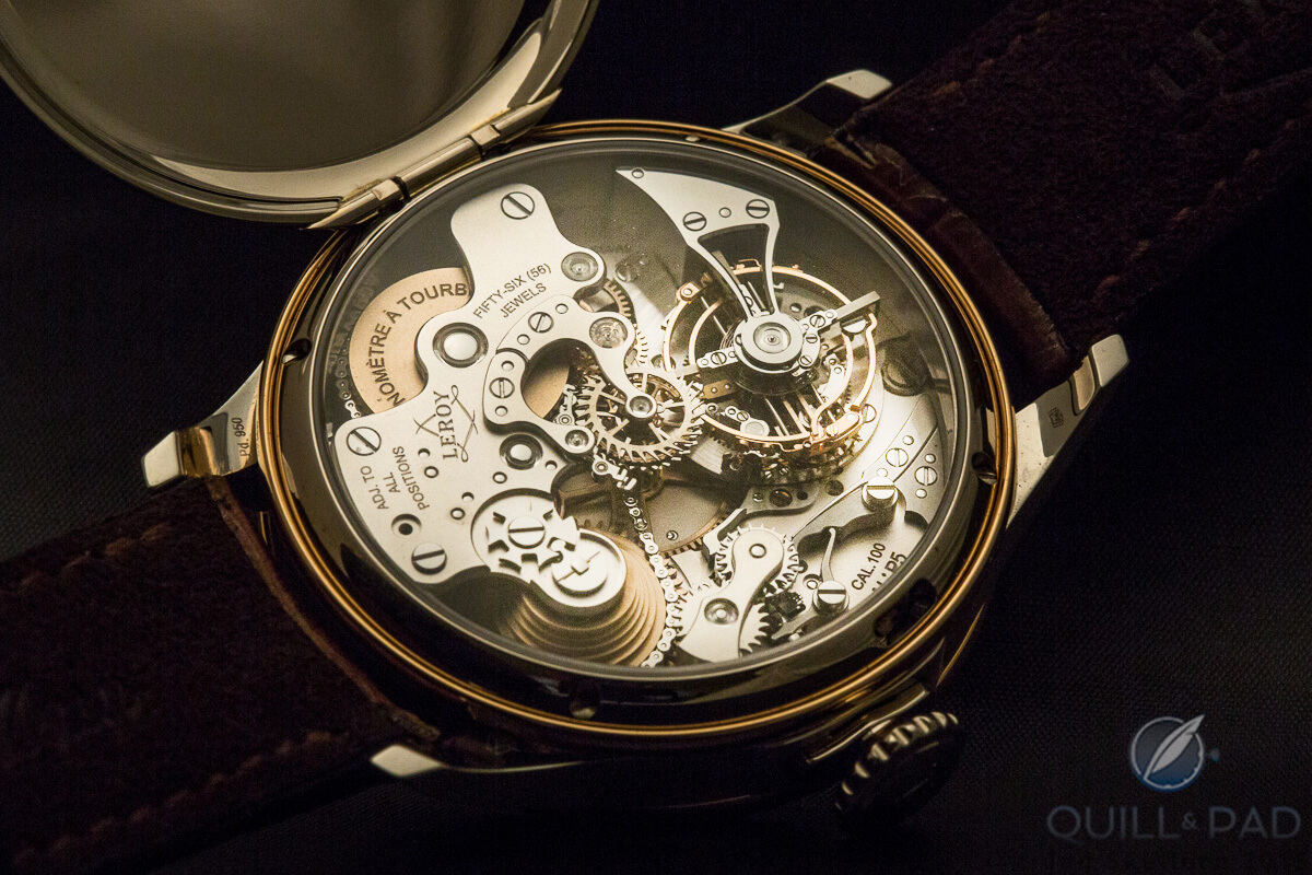 The unassuming dial belies the incredible movement visible through the display back of the Leroy Chronomètre à Tourbillon
