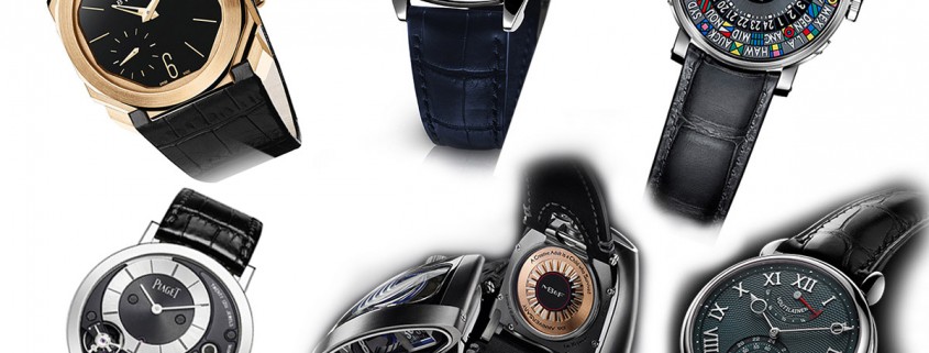 Men's watches pre-selected for the 2015 GPHG shown clockwise from top left: Bulgari Octo Finissimo Small Seconds, Laurent Ferrier Galet Square, Louis Vuitton Escale Time Zone, Voutilainen GMR, MB&F HMX, and Piaget Altiplano 900P
