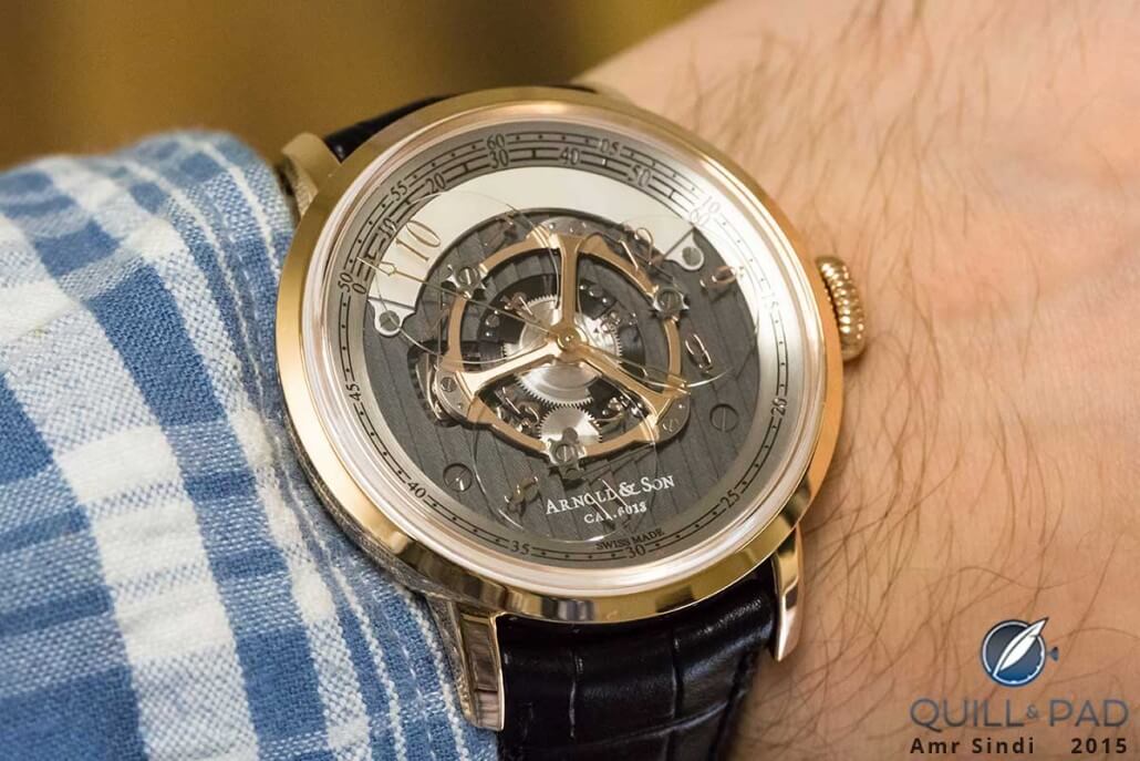 The Arnold & Son Golden Wheel on the wrist