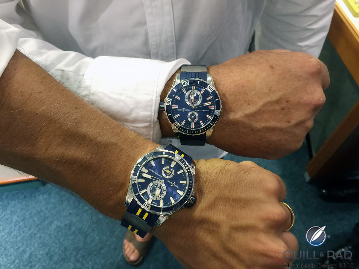 Christian Kamp and the legendary Loïck Peyron modeling Ulysse Nardin in Bermuda; Kamp (lower wrist) is wearing the limited edition Ulysse Nardin Marine Diver Artemis Racing
