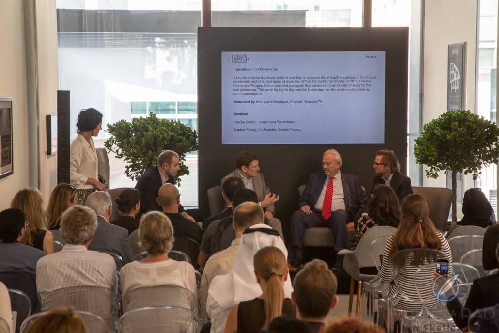 The Transmission of Knowledge discussion panel featuring Stephen Forsey and Philippe Dufour moderated by Marc-André Deschoux (The Watches TV)at Dubai Watch Week