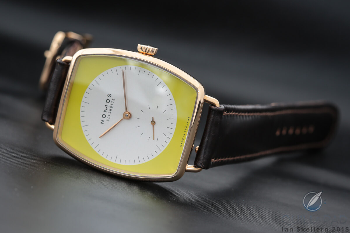 The Nomos Glashütte Lux housed in a pink gold case