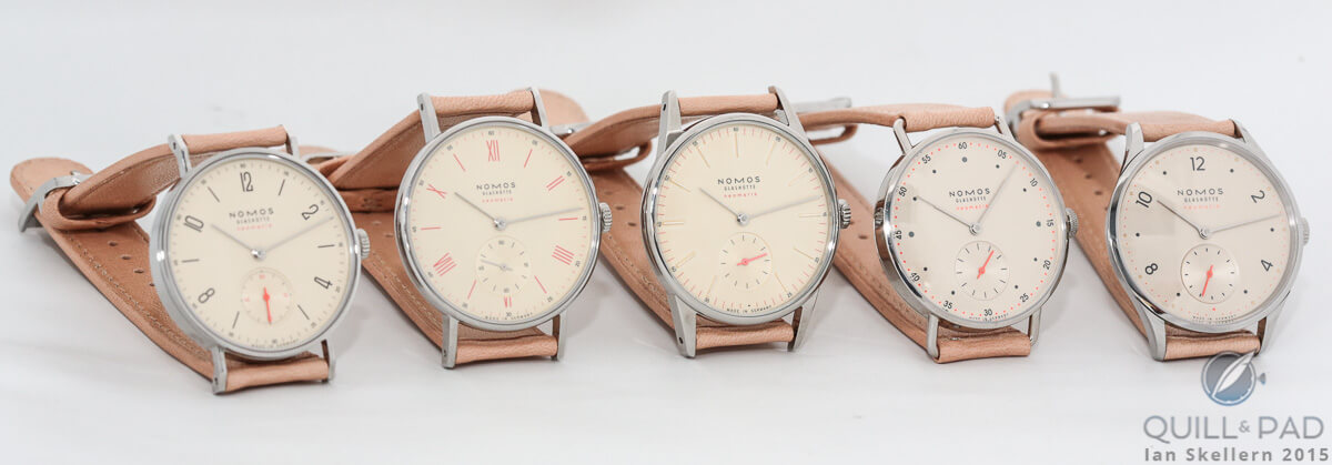 The new Nomos Glashütte Neomatik Champagner line (l to r): Tangente, Ludwig, Orion, Metro, and Minimaik