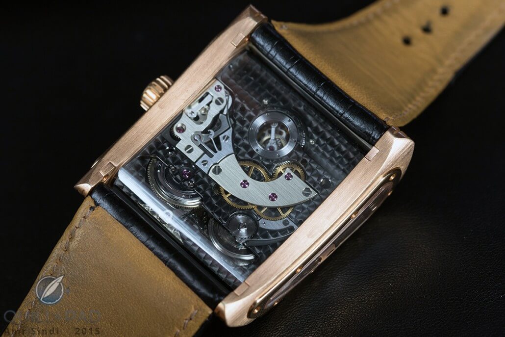View through the display back of the Cabestan Triple Axis Tourbillon