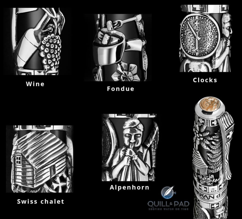 Just a few of the themes celebrated in the richly engraved Spirit of Switzerland by Caran d’Ache