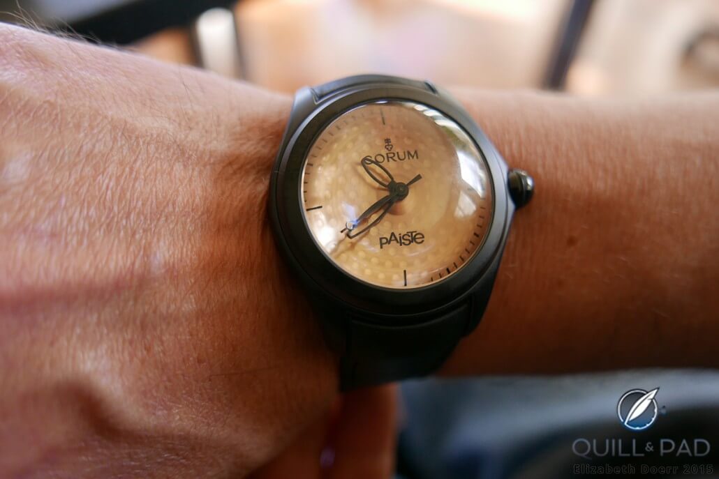The specially engraved version of the Corum Paiste Bubble for Erik Paiste on his wrist