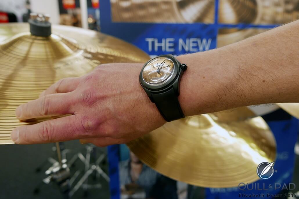 The specially engraved version of the Corum Paiste Bubble for Erik Paiste on his wrist