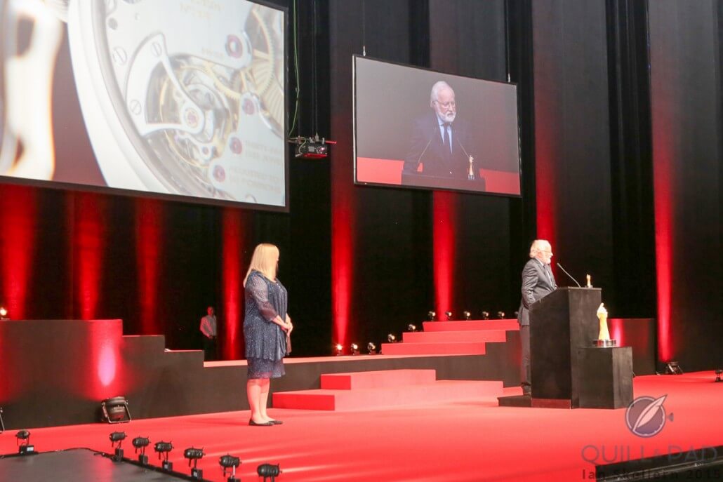 Laurent Ferrier accepts the Revelation prize from Quill & Pad's own Elizabeth Doerr for the Galet Square at the 2015 Grand Prix d'Horlogerie de Genève
