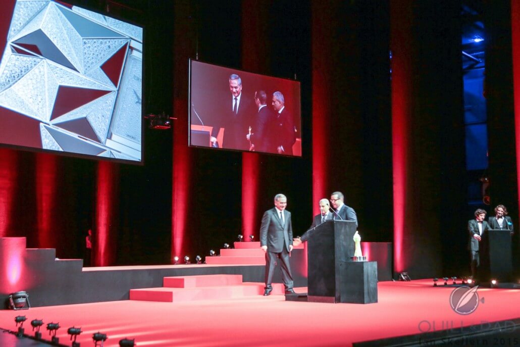 François-Henry Bennahmias (right), CEO of Audemars Piguet, accepts the award for the Jewellery category at the 2015 Grand Prix d’Horlogerie de Genève for the Diamond Punk