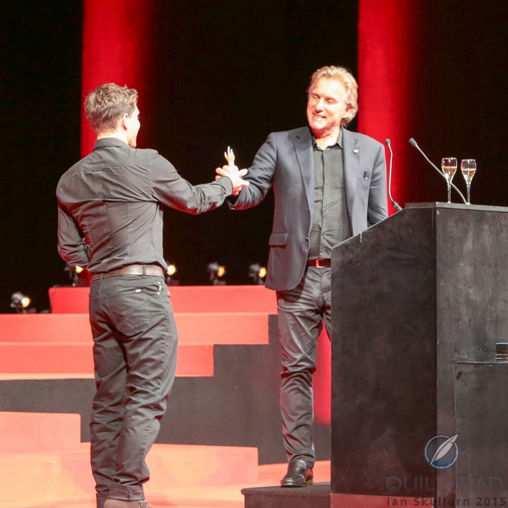 Antoine (right) and Florian Preziuso celebrating the Innovation prize at the 2015 Grand Prix d’Horlogerie de Genève for their Tourbillon of Tourbillons