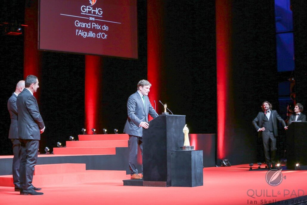 Stephen Forsey accepts the Aiguille d'Or for the Greubel Forsey Tourbillon 24 Secondes Vision