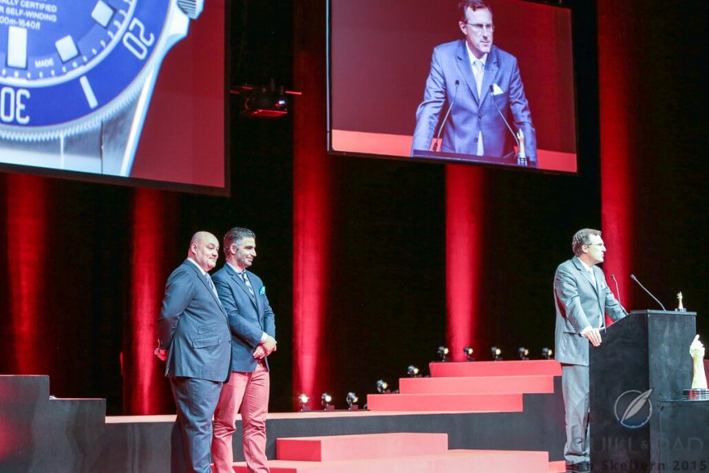 Tudor CEO Philippe Peverelli accepts the prize in the Sports category for the Pelagos at the 2015 Grand Prix d’Horlogerie de Genève