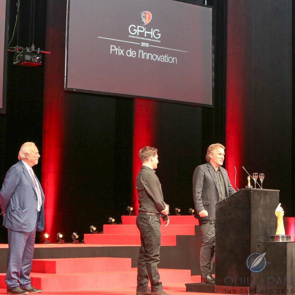Antoine (right) and Florian Preziuso accept the Innovation prize at the 2015 Grand Prix d’Horlogerie de Genève for their Tourbillon of Tourbillons (Philippe Dufour stage left)
