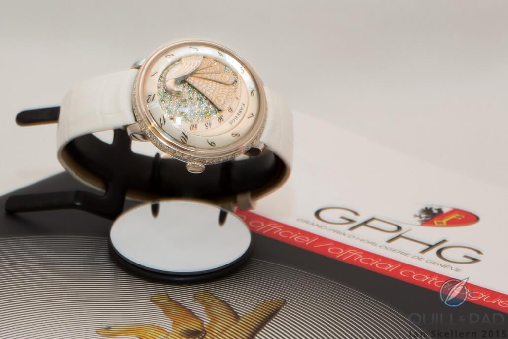 The Fabergé Lady Compliquée Peacock, winner of the Ladies' High-Mech category at the 2015 Grand Prix d’Horlogerie de Genève