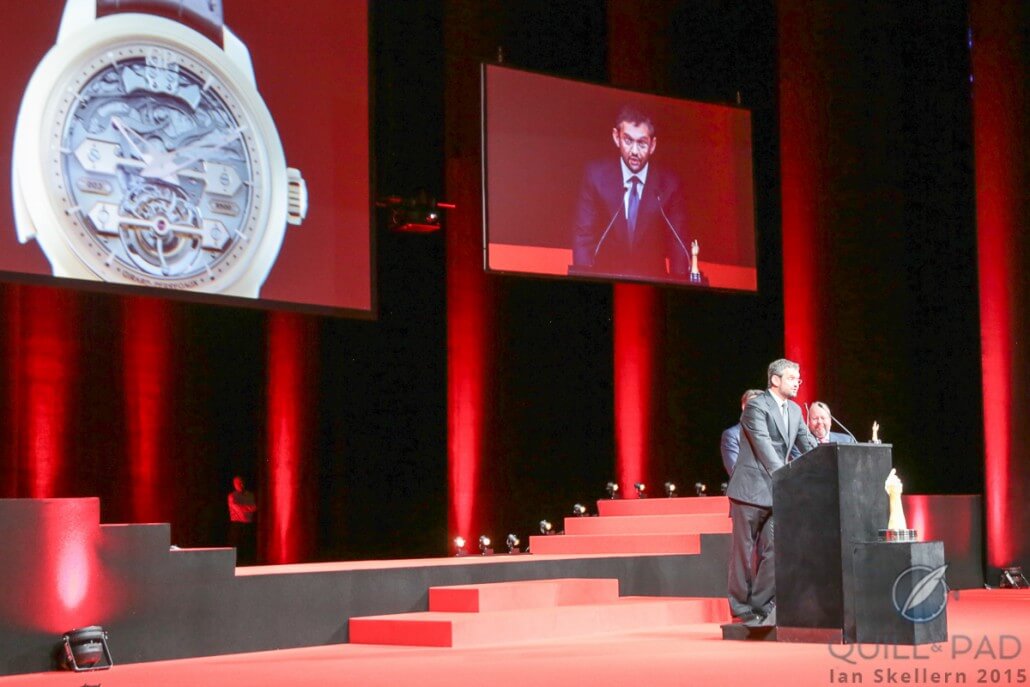 Stefano Macaluso, design director at Girard-Perregaux, accepts the prize for best Striking watch at the 2015 Grand Prix d’Horlogerie de Genève for the Minute Repeater Tourbillon with Gold Bridges
