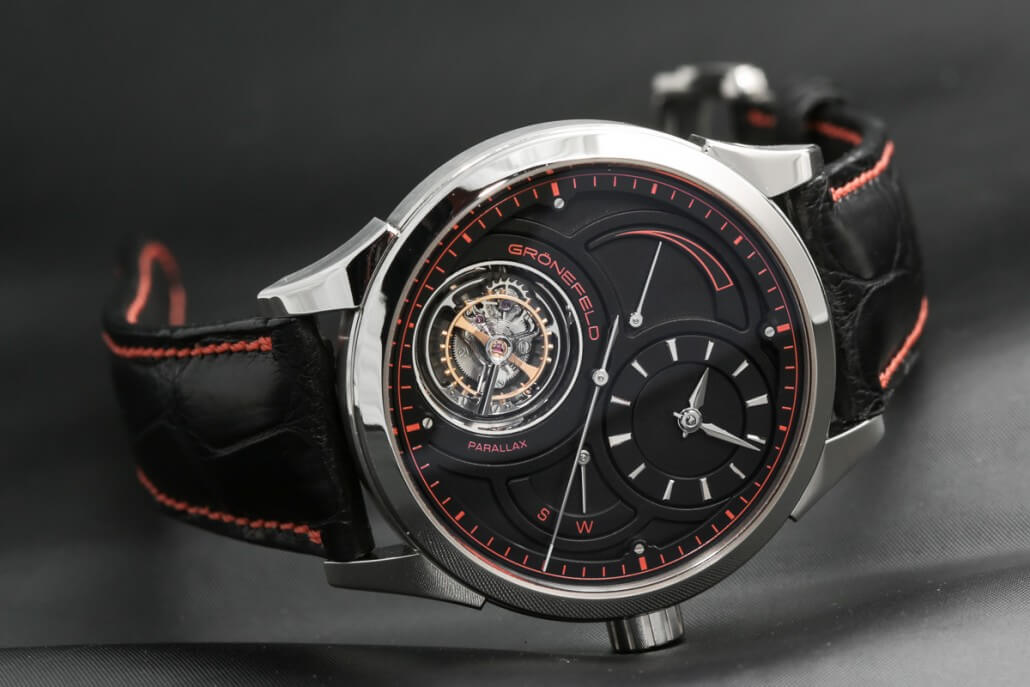 Grönefeld unique piece Parallax Tourbillon in platinum with blackened silver dial and striking red accents