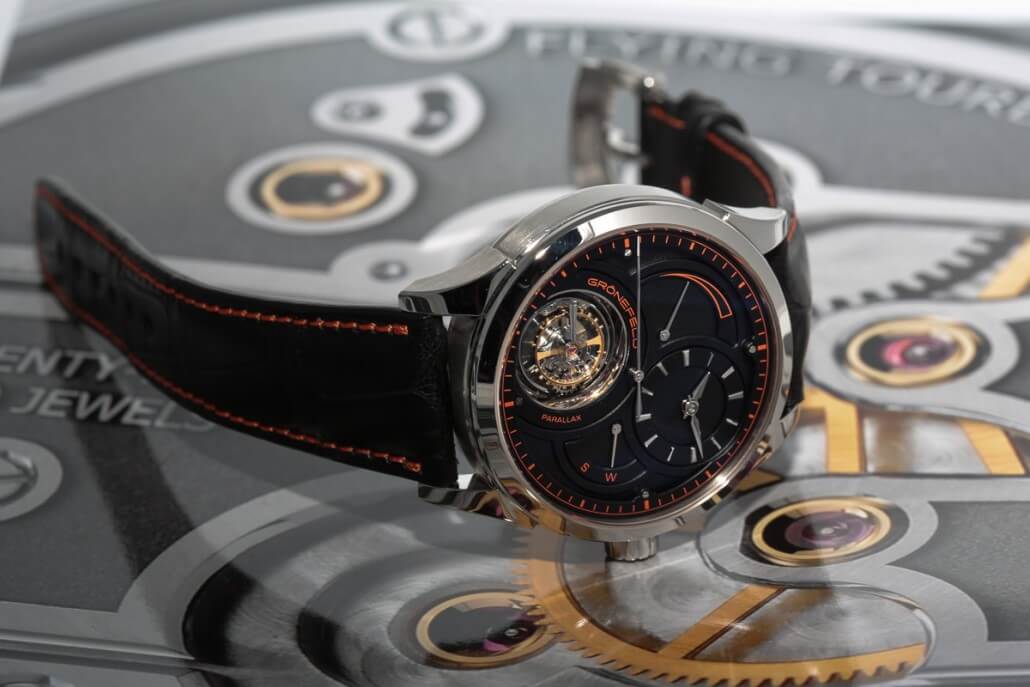 Grönefeld unique piece Parallax Tourbillon in platinum with blackened silver dial and striking red accents