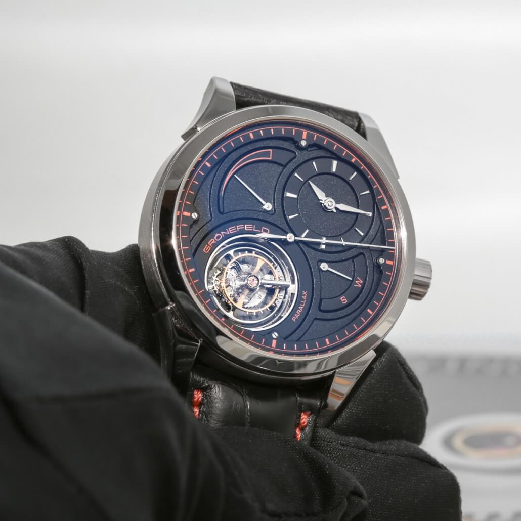 Grönefeld unique piece Parallax Tourbillon in platinum with blackened silver dial and striking red accents