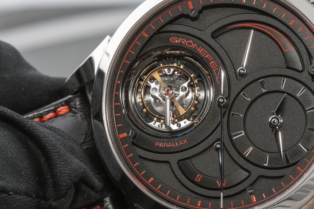 Up close and personal with the flying tourbillon of the Grönefeld unique piece Parallax Tourbillon, with the parallax visible between the highly polished stainless steel balance cock above the tourbillon and the dark second hand passing through the 
