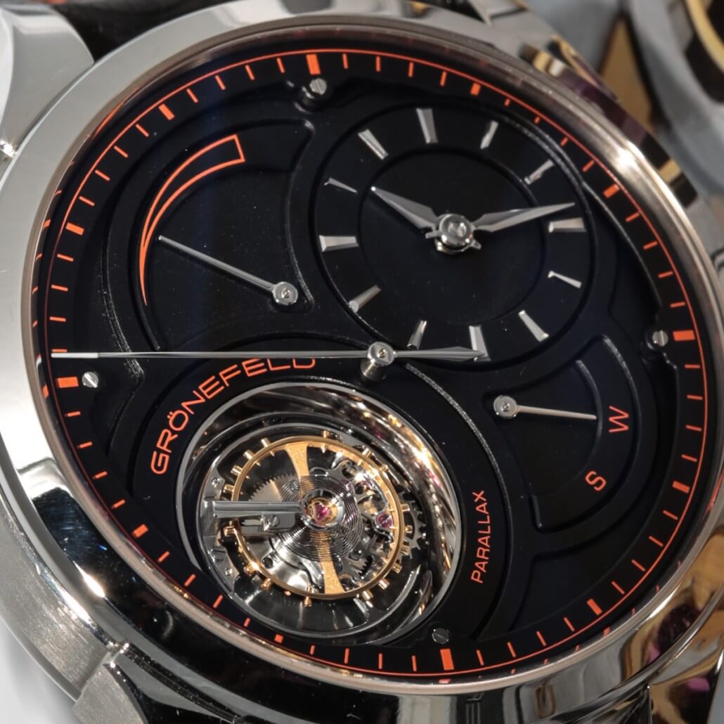 The richly layered red-on-black dial of the Grönefeld unique piece Parallax Tourbillon in platinum, with the balance cock and large central second hand in parallel
