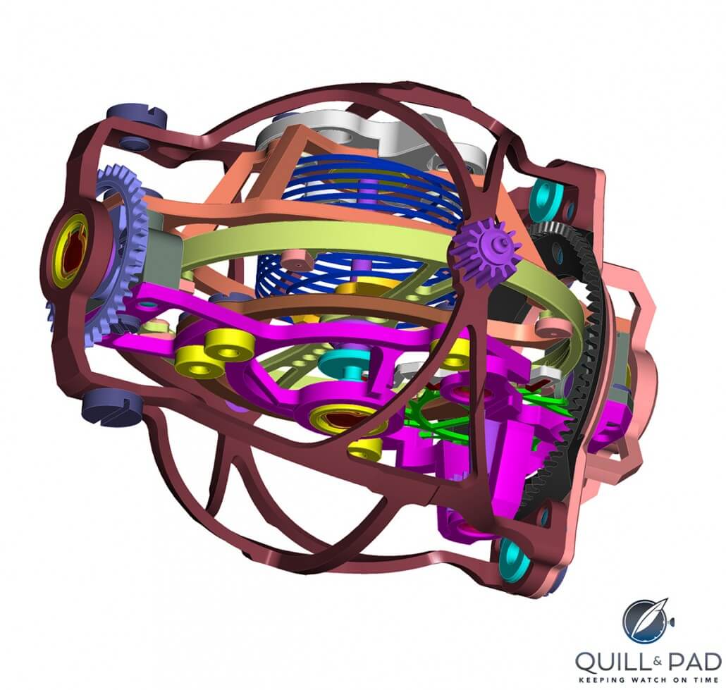 Computer rendering of the Jaeger-leCoultre Reverso Gyrotourbillon 2 tourbillon cage, balance and escapement