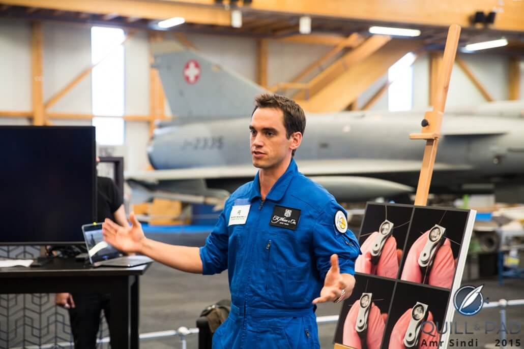 Edouard Meylan, CEO of H. Moser & Cie, explaining how the zero gravity flight works