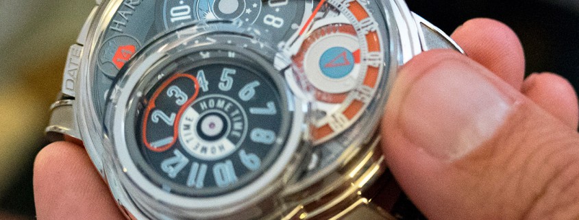 Useful information: the Harry Winston Opus 14 showing the home time and GMT dials