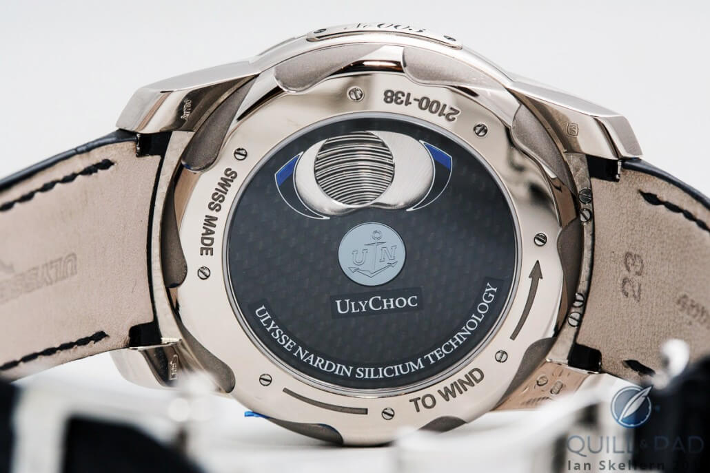 The back of the Ulysse Nardin FreakLab with its massive mainspring visible through the round sapphire crystal window