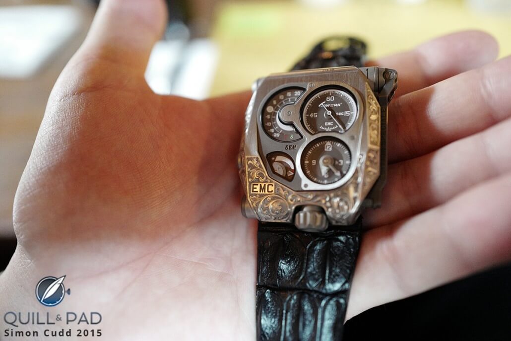 The limited Urwerk EMC Pistol features an intricate mix of hand-engraved artistry and groundbreaking technology