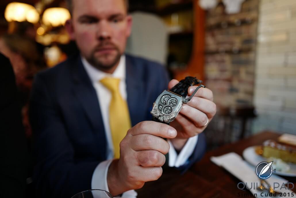 The Urwerk EMC Pistol features an intricate mix of hand-engraved artistry and groundbreaking technology