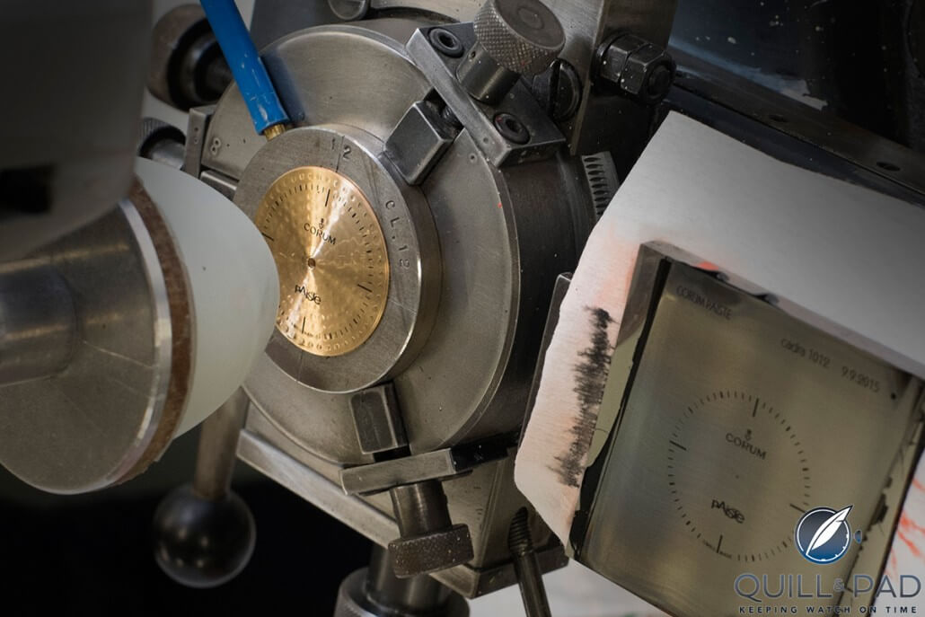 Dimpled Corum Paiste Bubble dial being pad printed
