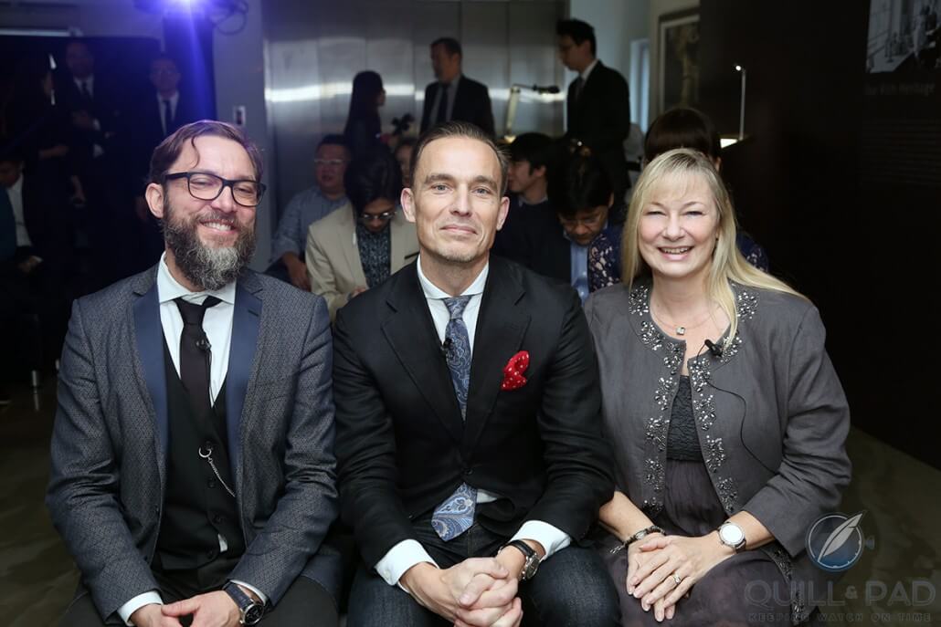 Journalists Anders Modig, Lex Stolk, and Elizabeth Doerr at the reading of the Glashütte Original book 'Impressions' in Hong Kong