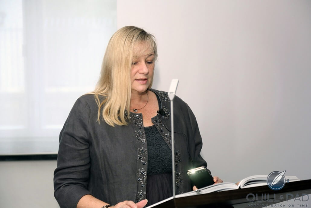 Author Elizabeth Doerr reading her chapter of the Glashutte Original book 'Impressions' in Hong Kong