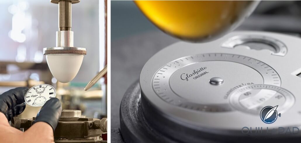 Dial of a Senator Chronometer (left) and a PanoMaticLunar (right) being pad-printed at Glashütte Original's Pforzheim dial maker
