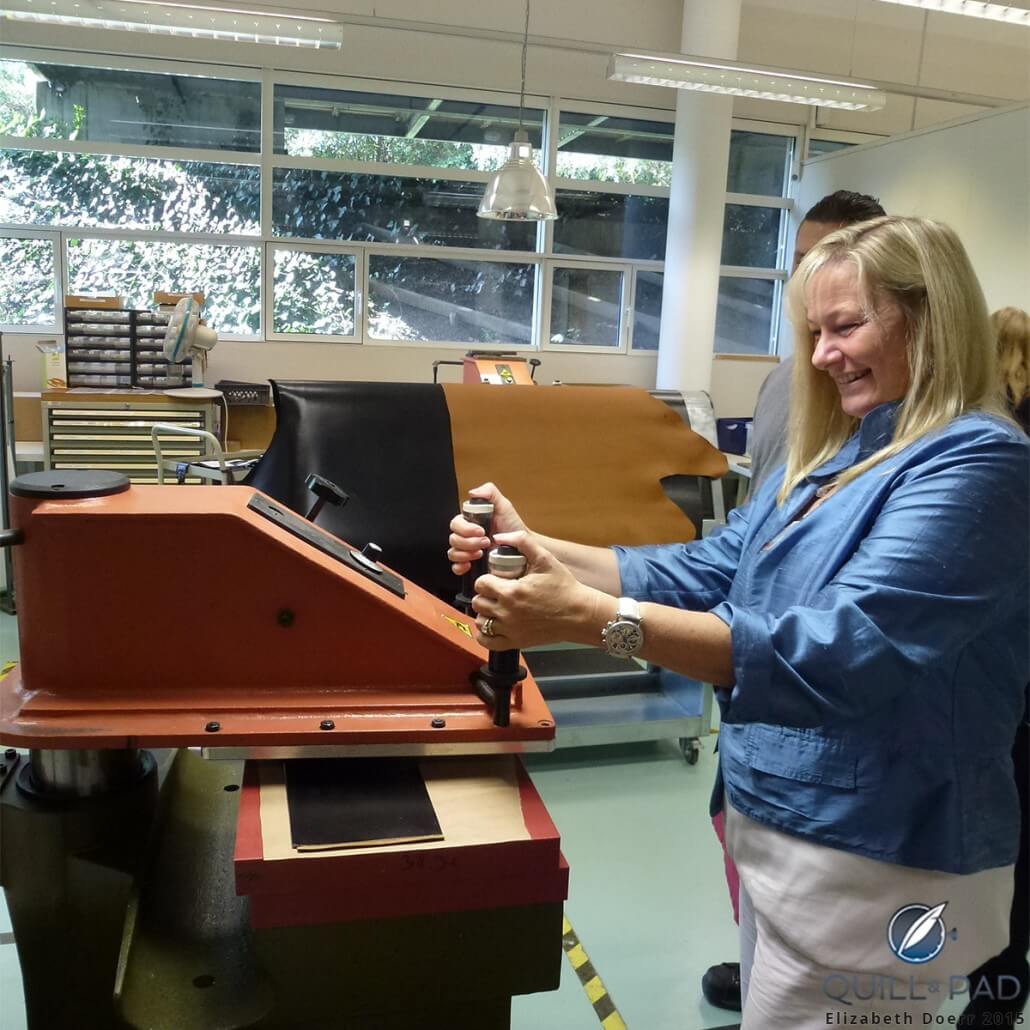 The author takes a turn at cutting out the strap shapes from the pre-cut leather for a Hermés watch strap