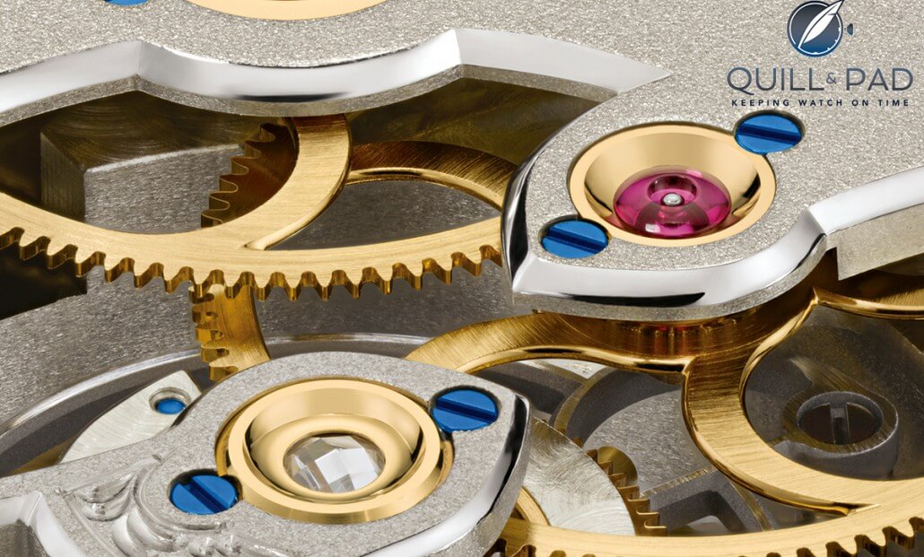 The tourbillon's diamond end cap (visible at the lower left corner of the photo) of the 1815 Tourbillon Handwerkskunst by A. Lange & Söhne