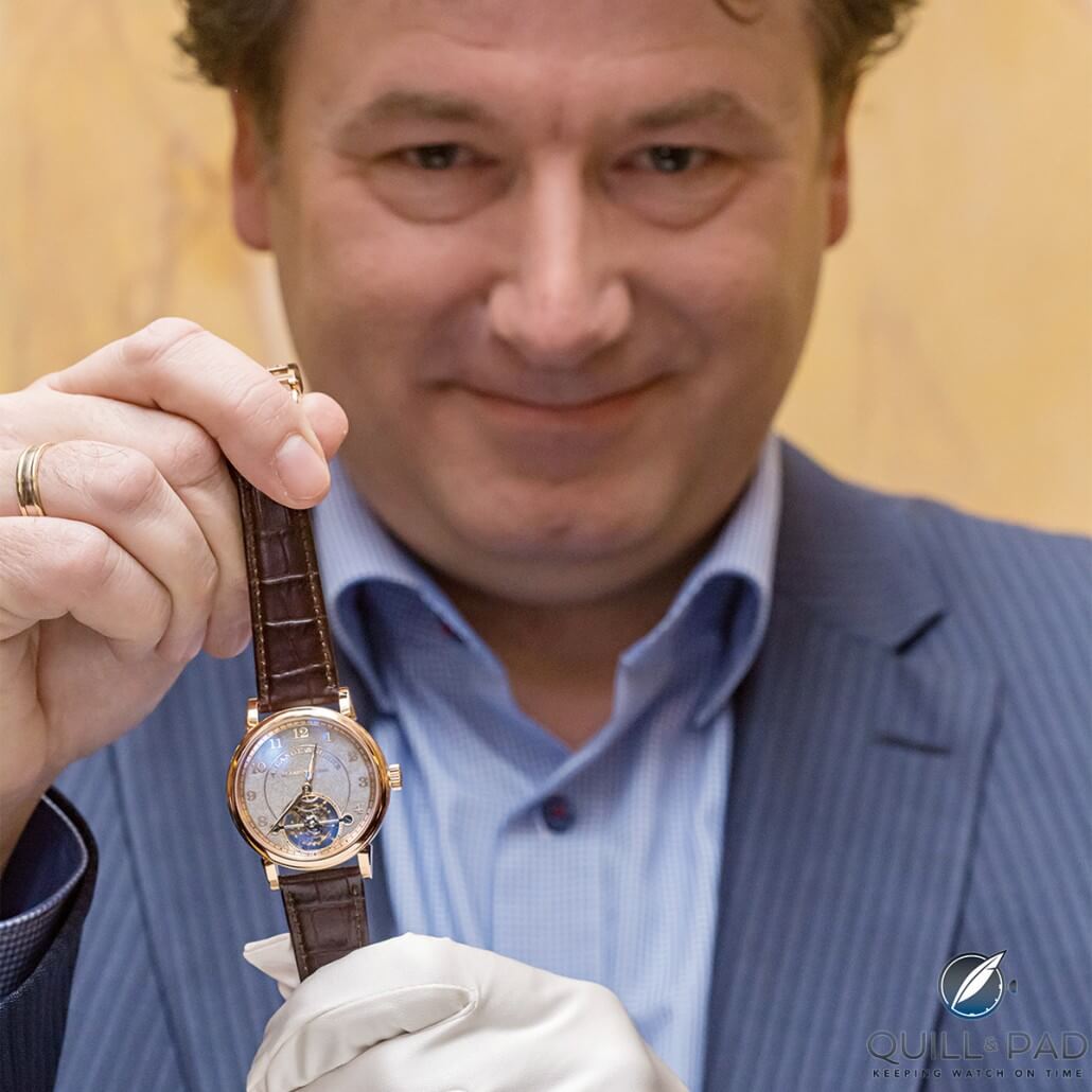 Anthony de Haas, product development director at A. Lange & Söhne, holding the 1815 Tourbillon Handwerkskunst