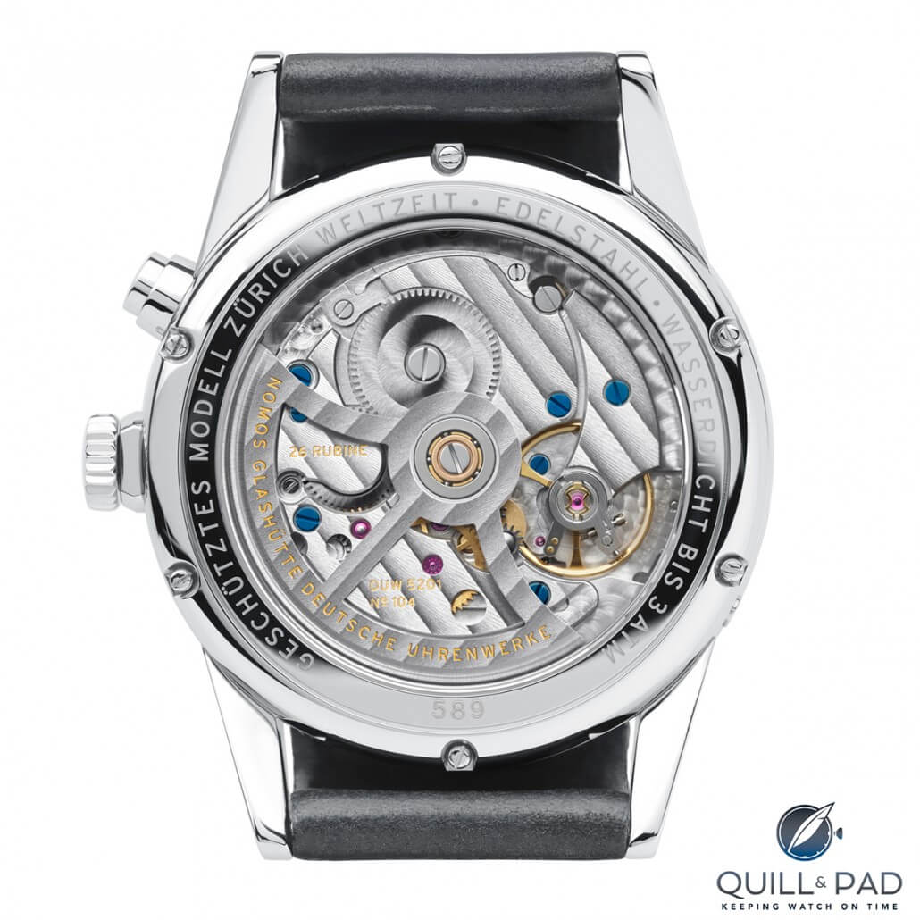 View through the display back of the Nomos Glashütte Zürich Weltzeit highlighting the nicely finished in-house DUW 5201 movement with Swing System escapement