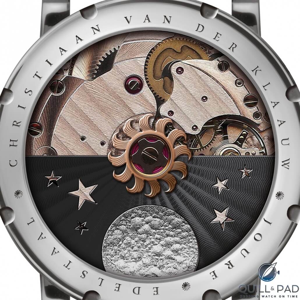 The other-worldy view of the movement side of the Christiaan van der Klaauw Real Moon Tides with its finely finished movement and a rotor decorated as the night sky