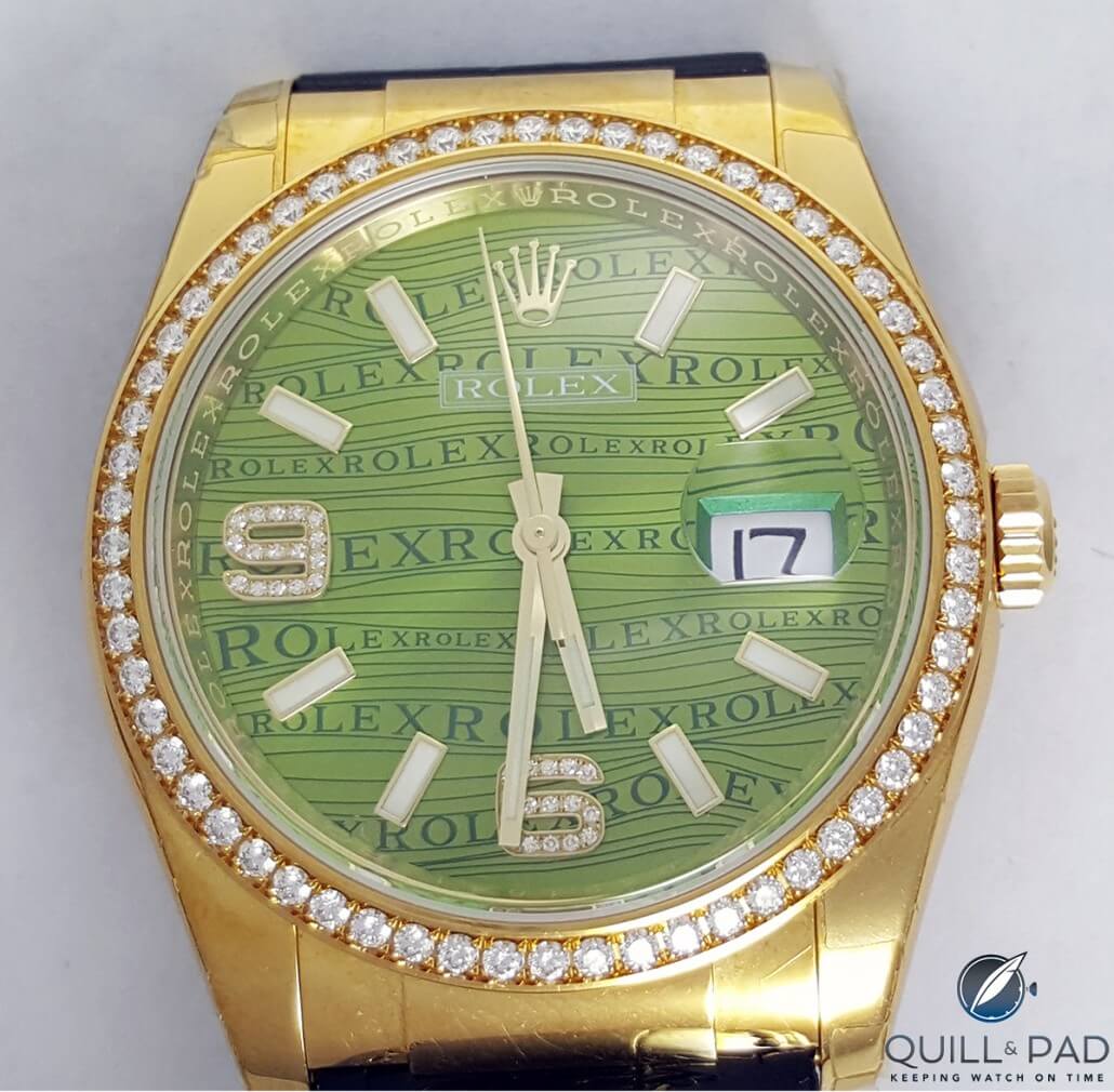 Green: both the color of money and the dial of this Rolex Datejust from the Rothstein liquidation (photo courtesy Hess Fine Art