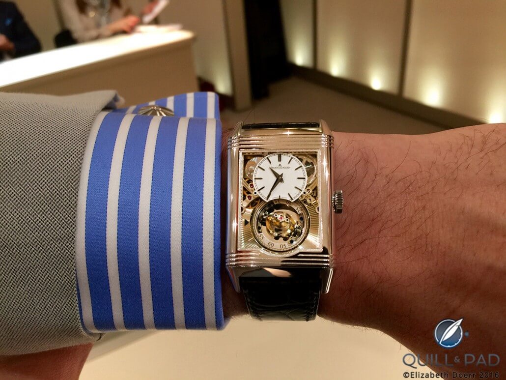 Wristshot of the Jaeger-LeCoultre Reverso Tribute Gyrotourbillon