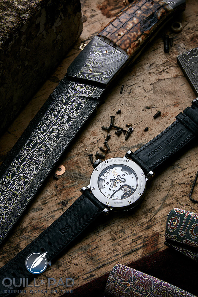 GoS Winter Nights next to Gustafsson’s Semi Full-Tang Fighter made of Mosaic Damascus steel (photo courtesy Björn Dahlgren) 